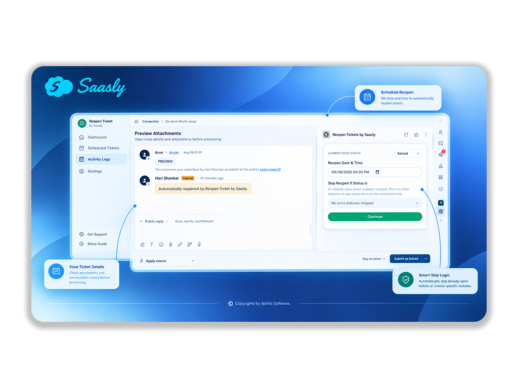 Reopen Ticket by Saasly App Integration with Zendesk Support